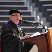Chancellor Philip DiStefano congratulates the class of 2018 and offers remarks. Photo by Patrick Campbell.