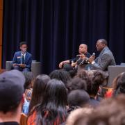 Yusef Salaam, right, and Raymond Santana, two of the five "Exonerated Five" who were wrongly convicted of a brutal attack on a Central Park jogger answered questions during an informal Cultural Events Board talk at the University Memorial Center on March 10. 2020. (Photo by Glenn Asakawa/University of Colorado)