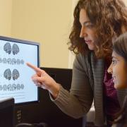 Clinicians look at images of brains on a computer.