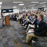 Engineering and business student Paula Pulido speaks at groundbreaking event. Photo by Casey A. Cass.