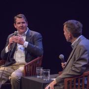 Ball Corp. CEO John Hayes speaks with Dean Bobby Braun during campus visit. Photo by Glenn Asakawa.