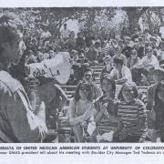 The Denver Post newspaper clip showing UMAS President Salvador Peralta speaking at CU Boulder in 1969