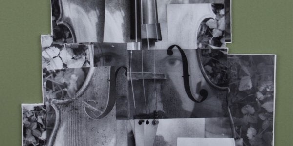 A photo collage of a viola in black-and-white
