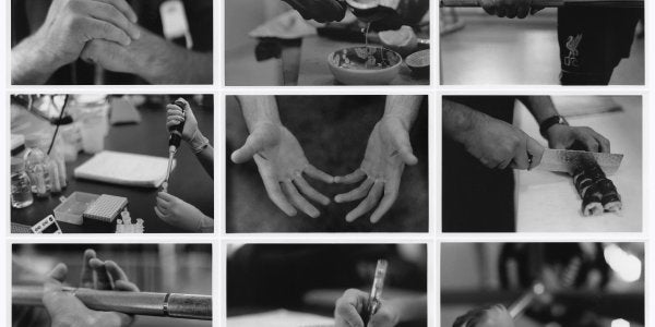 A set of black-and-white photos of hands performing various tasks