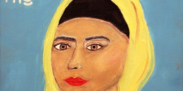 A painting of a Sikh woman wearing a yellow head scarf
