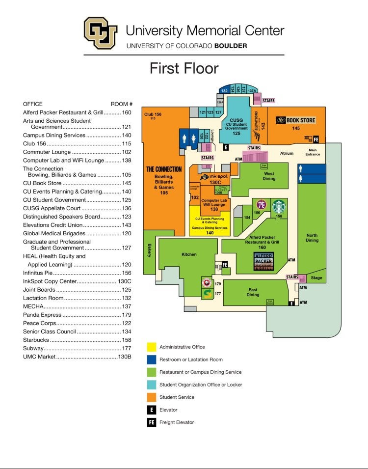UMC first floor map showing locations of restaurants, dining rooms, CU Book Store, bowling, bank, offices and more!