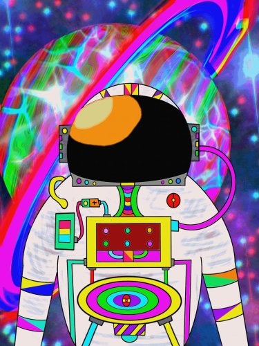 A colorful illustration of an astronaut and a ringed planet