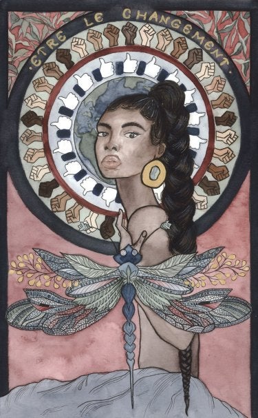 A watercolor of a woman with a long braid, a dragonfly and a circle of fists