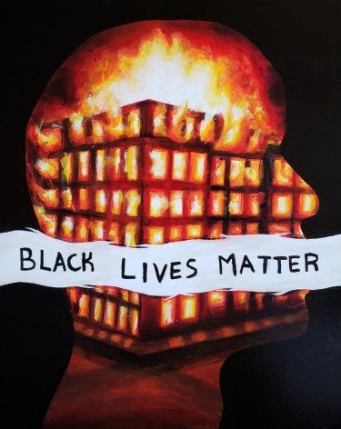 A painting of a face in profile, a burning building and a banner that reads Black Lives Matter