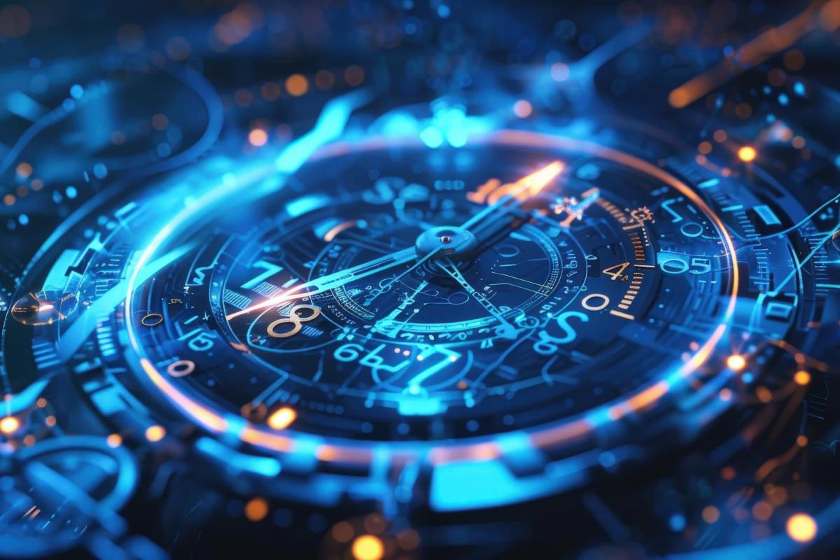 The image depicts a highly detailed, futuristic clock or timepiece, bathed in vibrant shades of blue and orange light. The intricate design features a mix of digital and mechanical elements, including glowing numbers, gears, and rotating hands, symbolizing the passage of time. Surrounding the clock are ethereal, neon-like streaks of light and abstract patterns that give the impression of a high-tech, quantum timekeeping system. The overall aesthetic conveys a sense of precision and complexity.