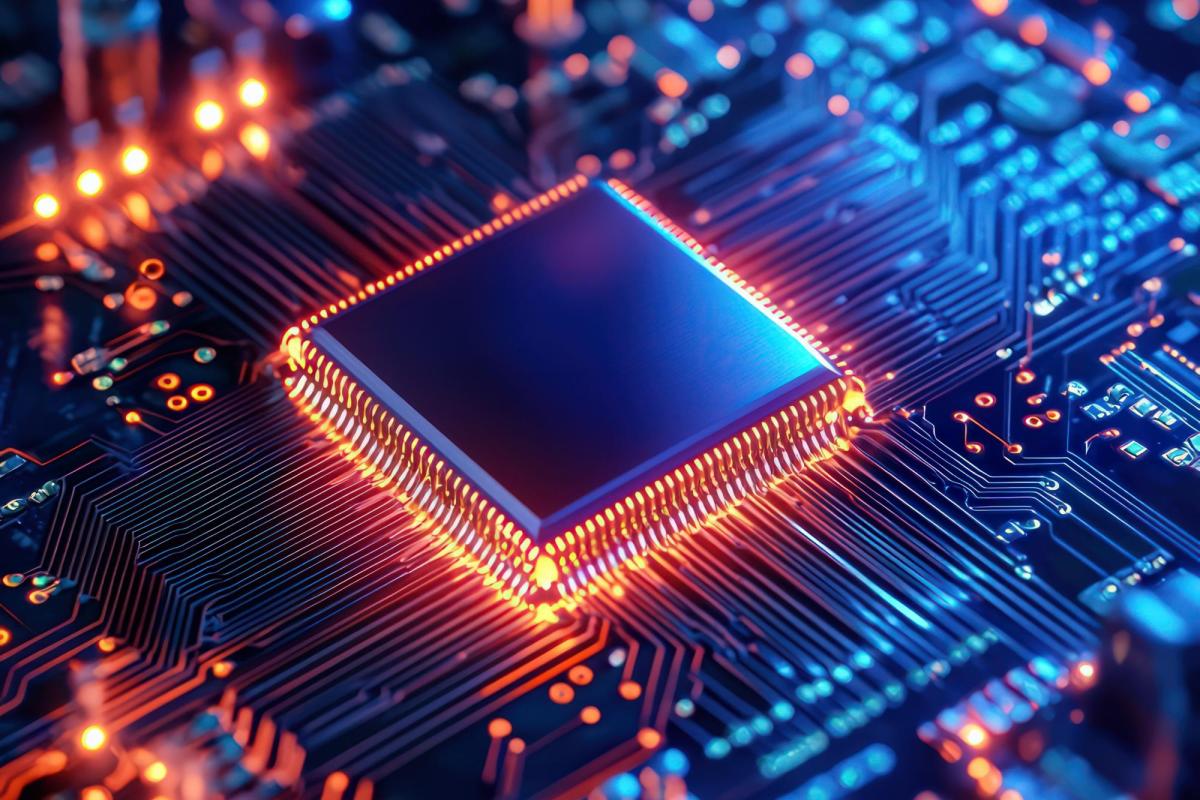 The image shows a close-up of a microchip or processor on a circuit board, illuminated with glowing lights in vivid orange and blue tones. The central chip, surrounded by intricately designed pathways and connections, stands out with its precise and futuristic design. Tiny components and circuits are visible, with bright, neon-like lights radiating from the edges of the chip, emphasizing the flow of energy and data. This high-tech representation evokes the idea of cutting-edge quantum computing.