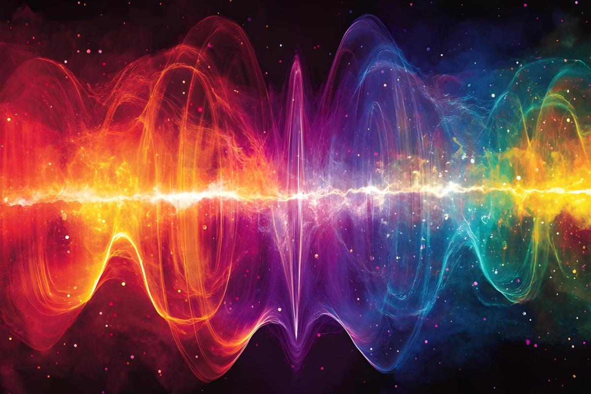 The image showcases a vibrant and abstract depiction of a multicolored waveform, radiating across the canvas. Bright hues of orange, red, purple, blue, and green intertwine with each other, creating a dynamic, energetic flow. The central line appears to pulse with light, suggesting a burst of energy or soundwave, set against a dark, starry background. This visually striking representation evokes a sense of movement, frequency, and the harmonious blend of different energies or wavelengths.