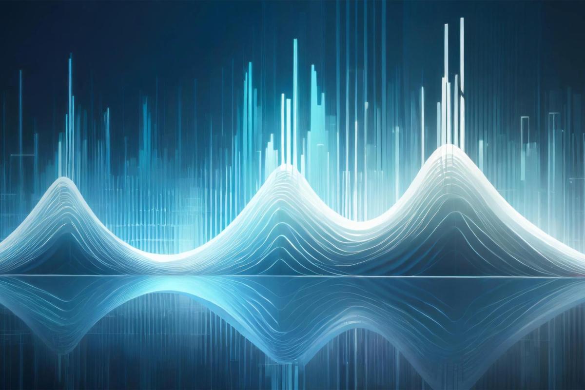 The image displays an abstract representation of quantum signals, depicted as smooth, wave-like forms that rise and fall in a rhythmic pattern. The waves are illuminated with a cool blue and white color palette, creating a futuristic and serene atmosphere. Vertical lines and light beams extend from the peaks of the waves, suggesting the conversion or transmission of energy or signals. The reflective surface below the waves mirrors the shapes, enhancing the symmetry and fluidity of the design.