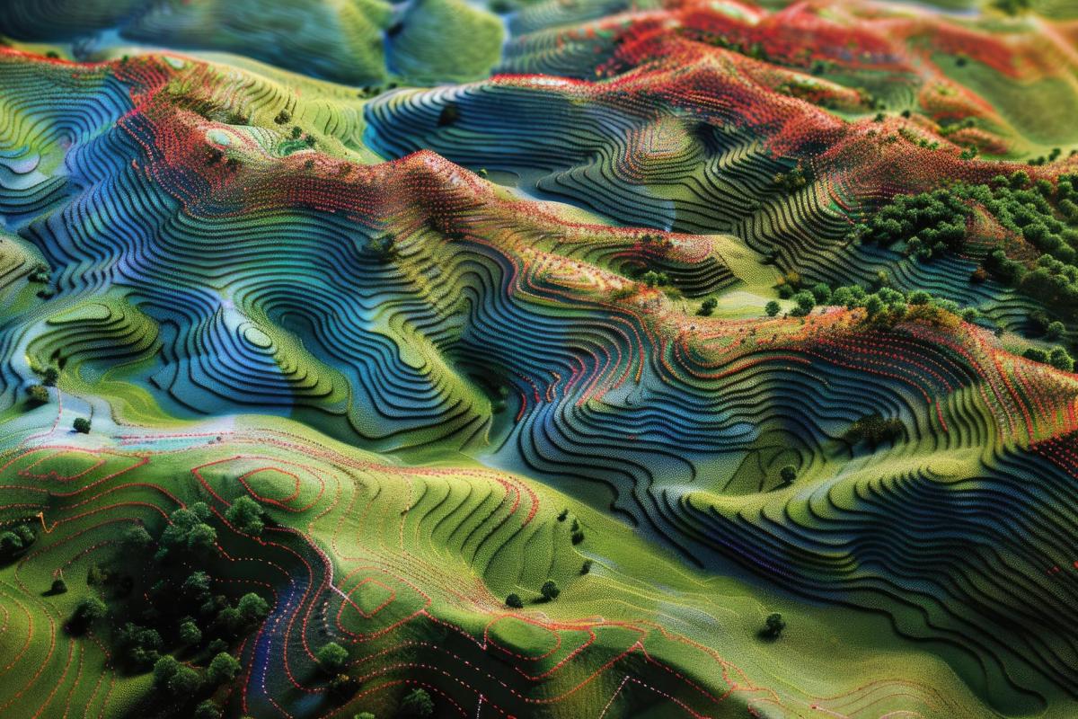 The image presents a stunning, topographic landscape with colorful contour lines flowing across rolling hills and valleys. The undulating terrain is marked by layered curves, with different shades of green, blue, and orange representing varying elevations. Tiny red dots accentuate certain areas, resembling a digital elevation model or a geographic map visual. Sparse patches of trees dot the hills, adding a natural element to the highly stylized, almost surreal environment.